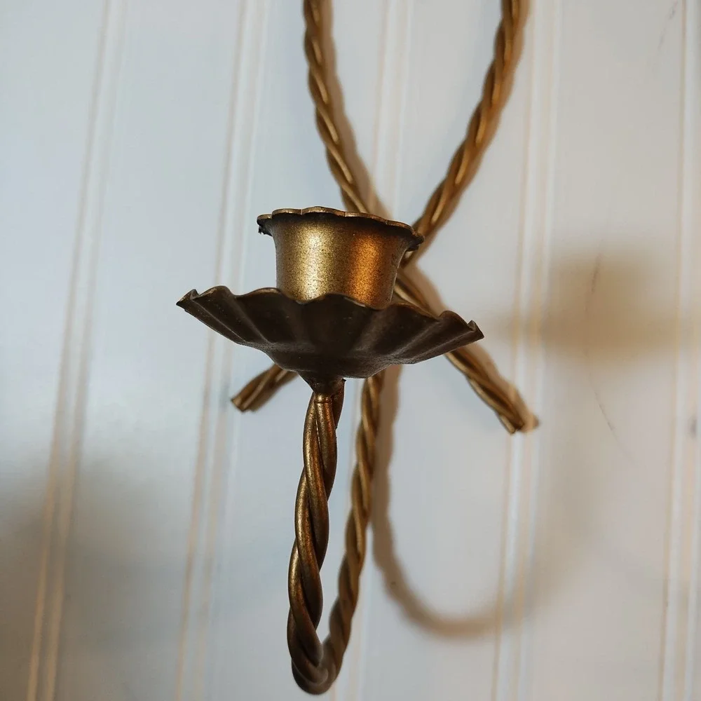 Pair Vtg Homco Braided Candle‎ Holders Twisted Wire Rope Metal Wall Sconces 2